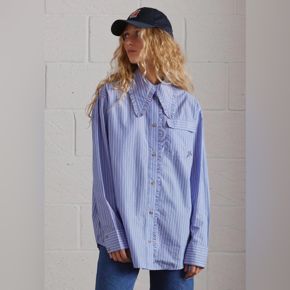Damson Madder Striped Ruffle Blue Button Down with Frill Details - Large